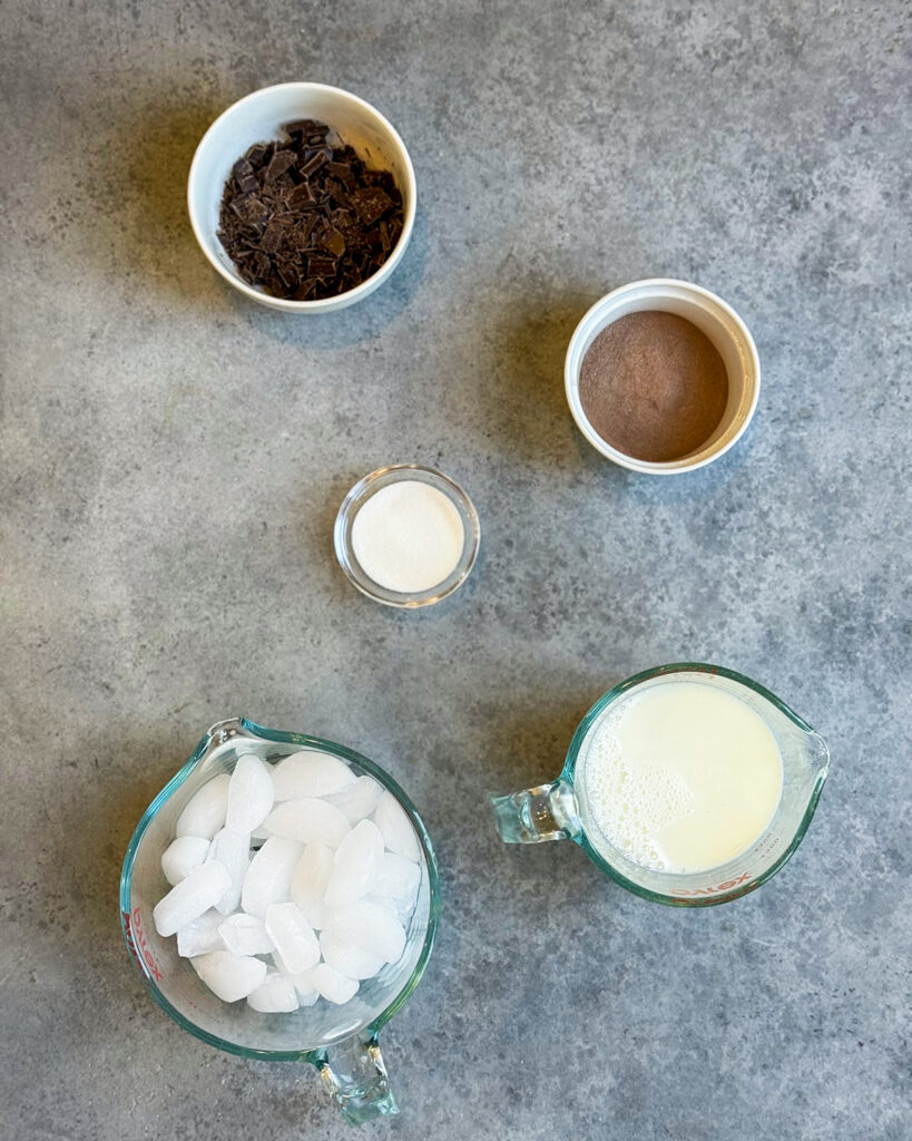 The ingredients needed to make frozen hot chocolate at home.