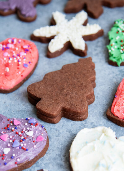 A stack of two Christmas tree chocolate cut out cookies.