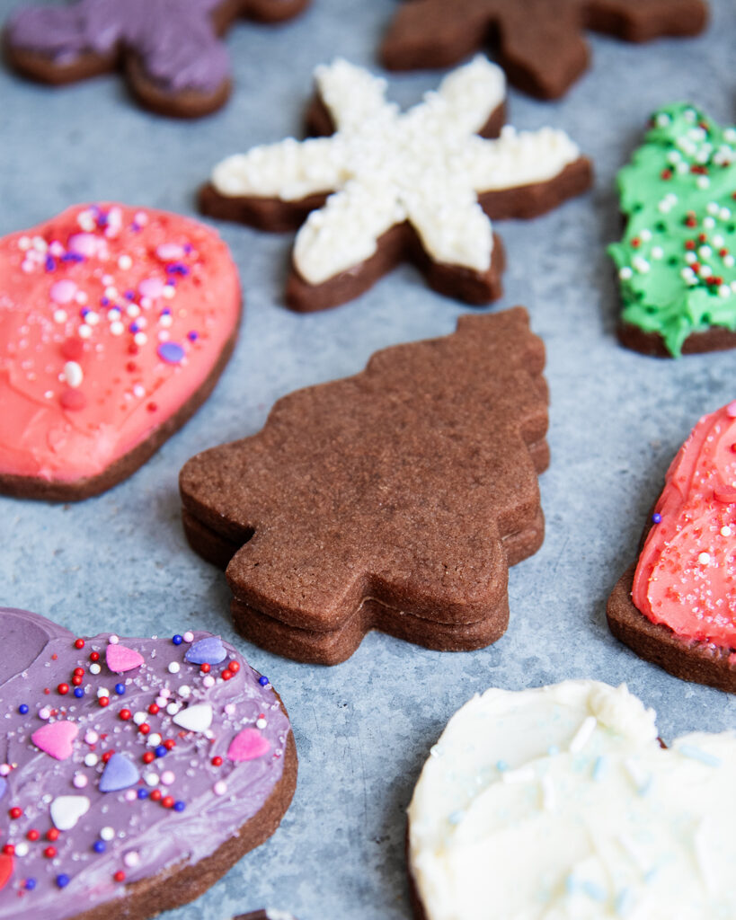 A stack of two Christmas tree chocolate cut out cookies.