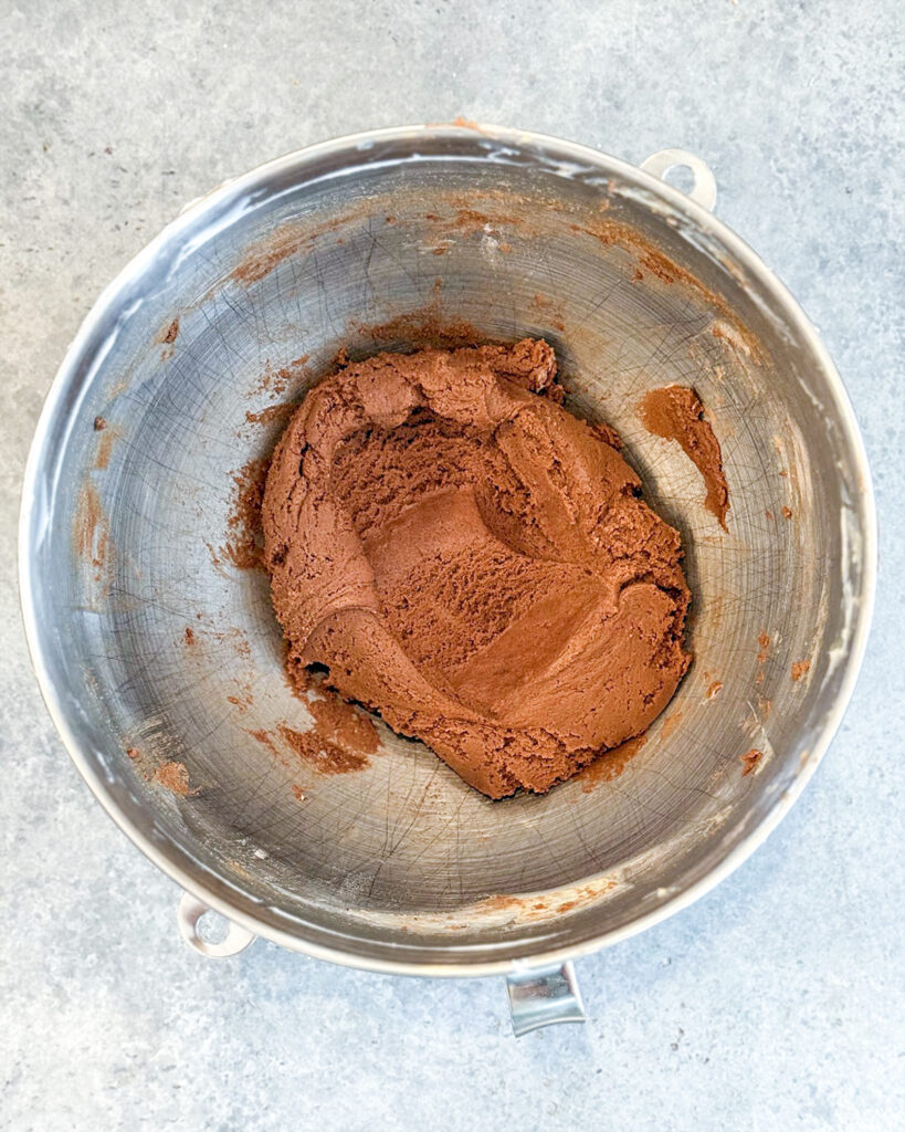Chocolate cookie dough in a bowl.