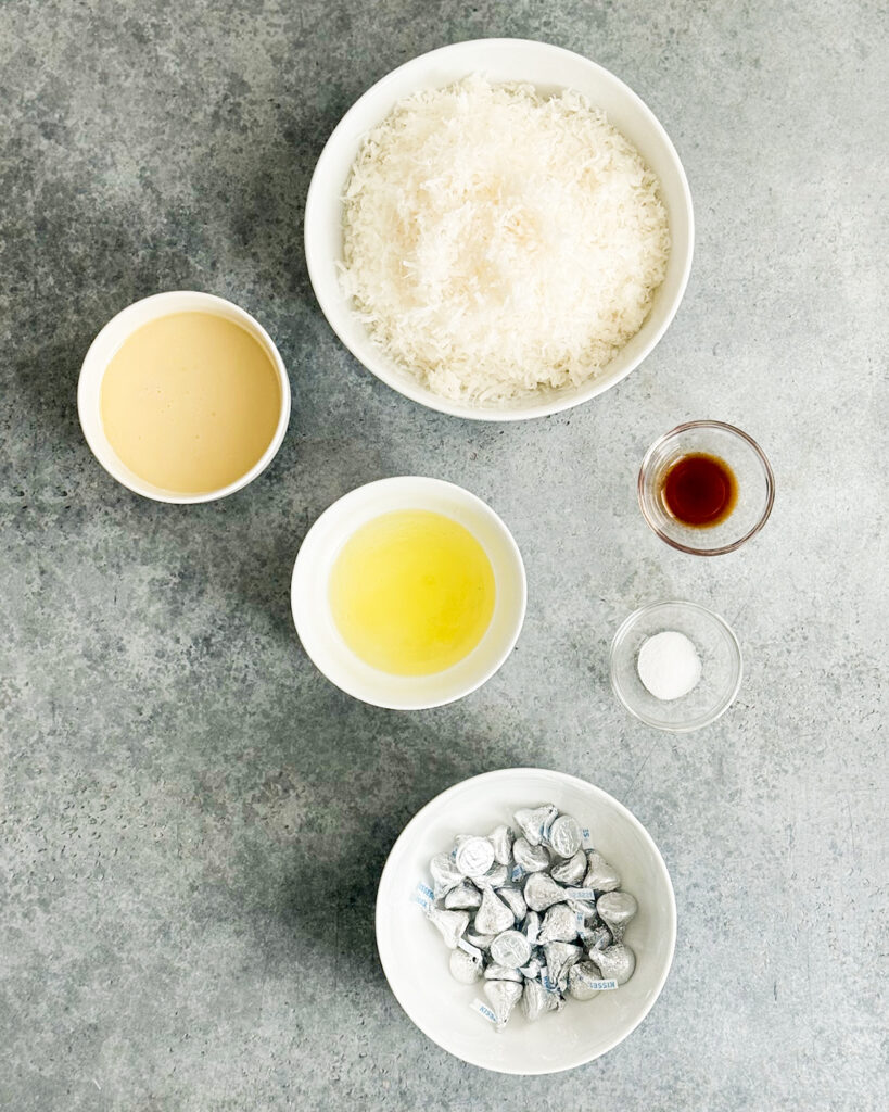 The ingredients needed to make coconut macaroon blossoms. 