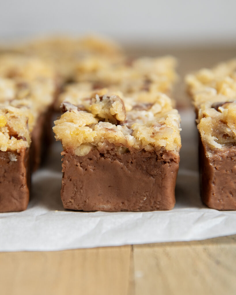 A piece of chocolate fudge topped with coconut pecan frosting.