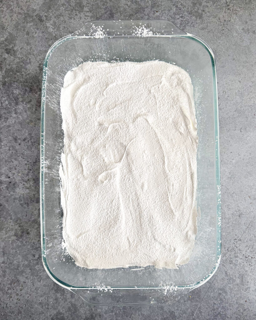 Marshmallows in a glass pan.