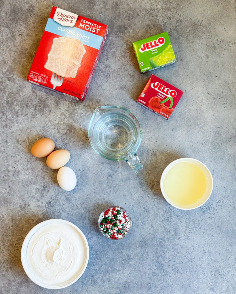 The ingredients needed to make Christmas Poke Cake. 