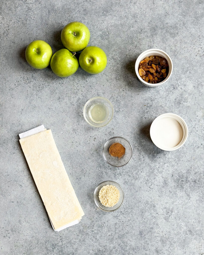 The ingredients needed to make Apple Strudel. 
