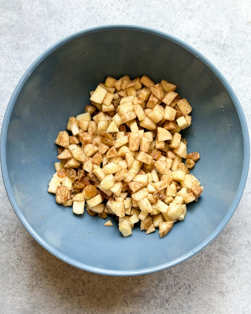 A bowl of diced cinnamon apple pieces.