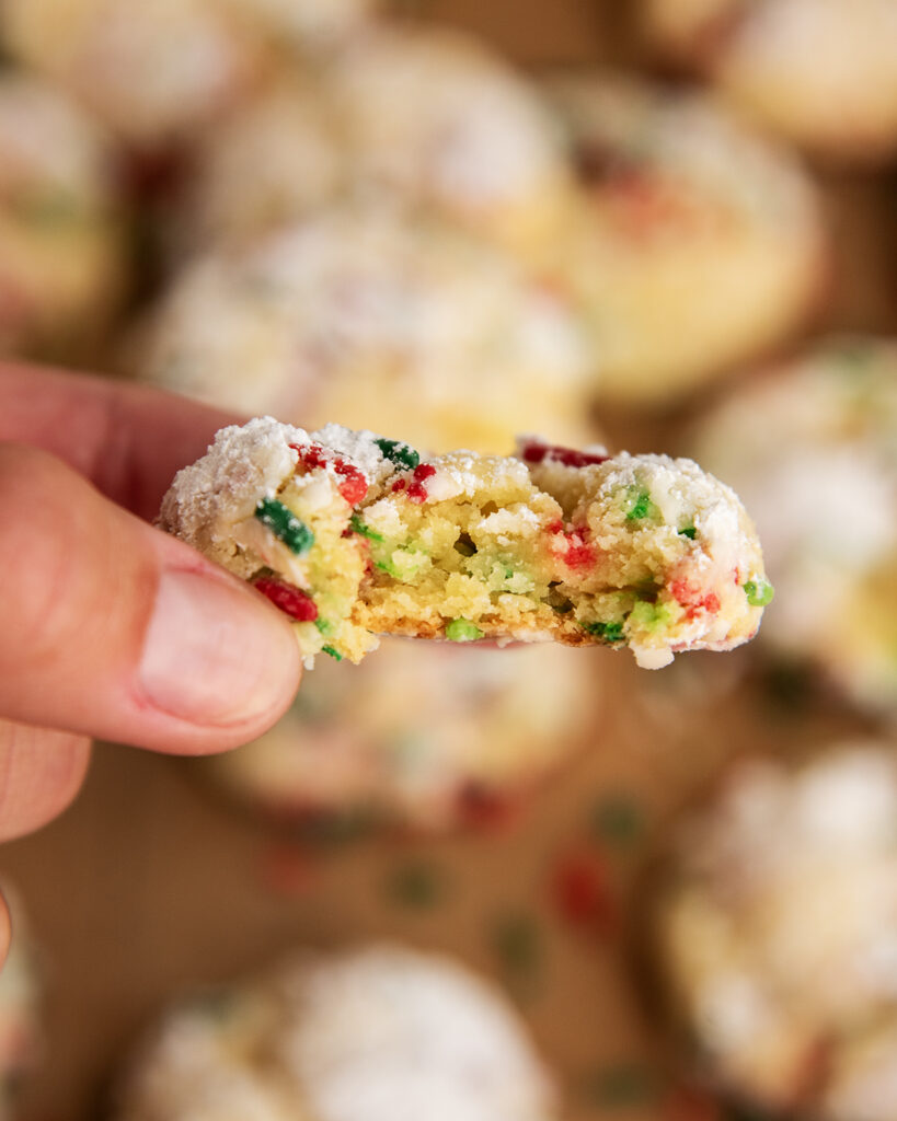 A hand holding a Christmas butter cookie loaded with christmas sprinkles.