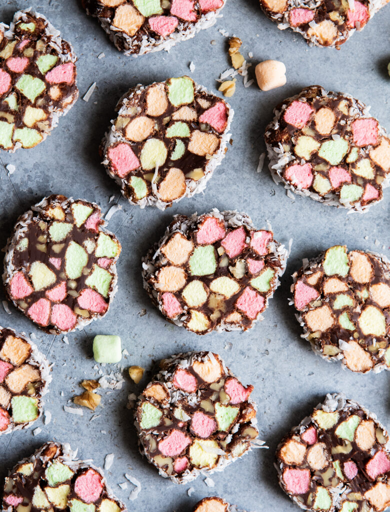 An above view of church window cookie slices on a counter top.