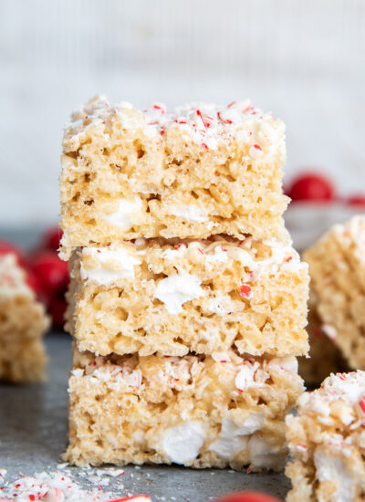 A stack of three peppermint rice krispie treats.