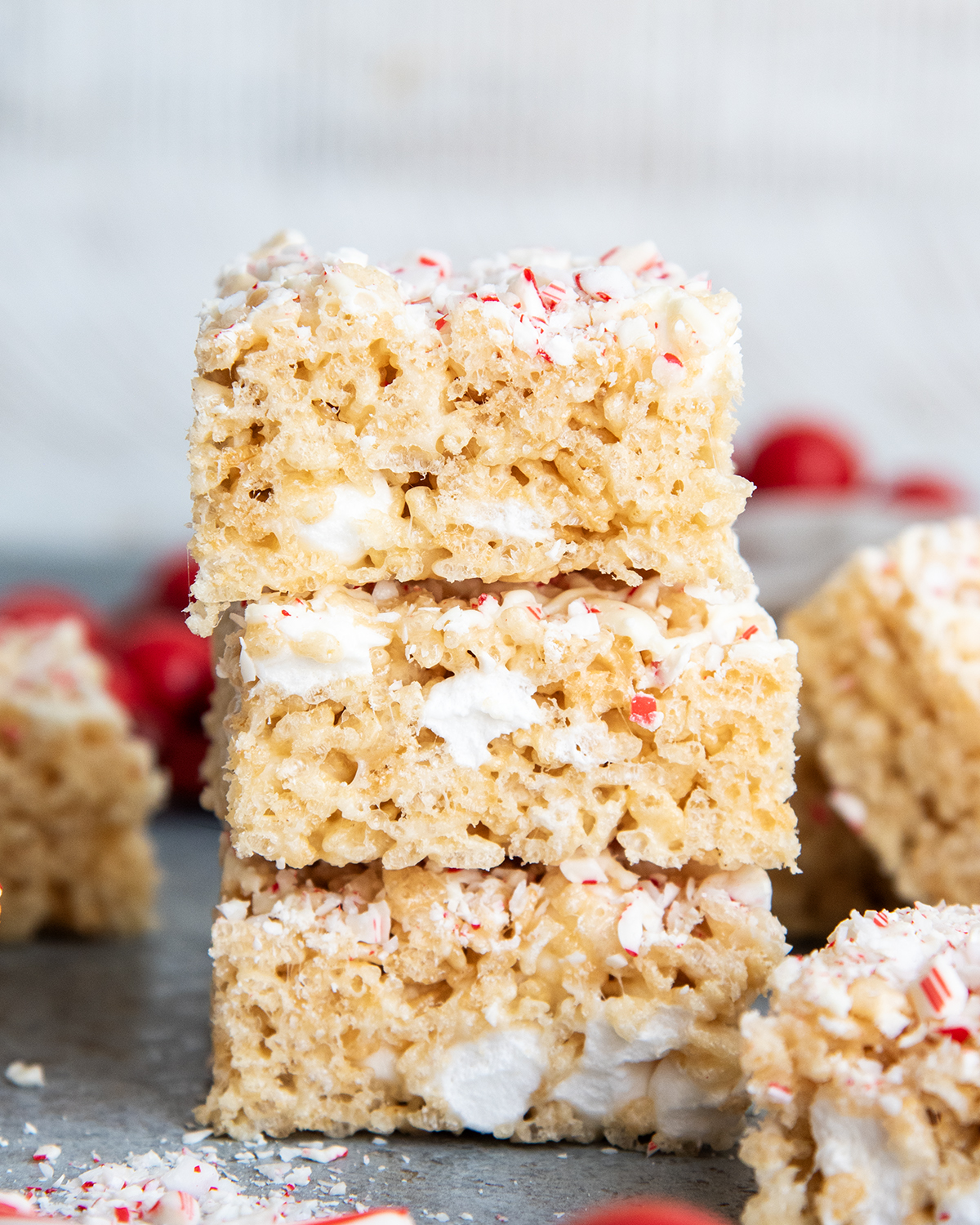 A stack of three peppermint rice krispie treats.