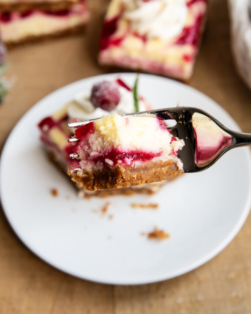 A bite of cranberry cheesecake on a fork.