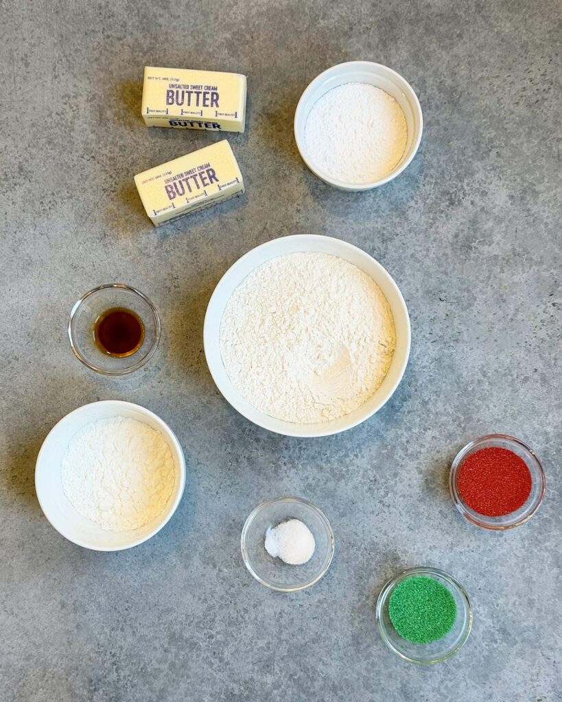 The ingredients needed to make sugared shortbread cookies.