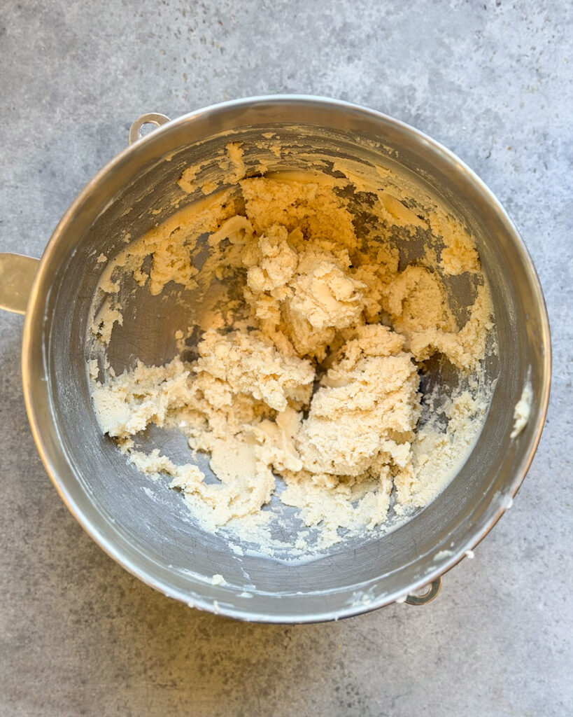Shortbread cookie dough in a bowl.
