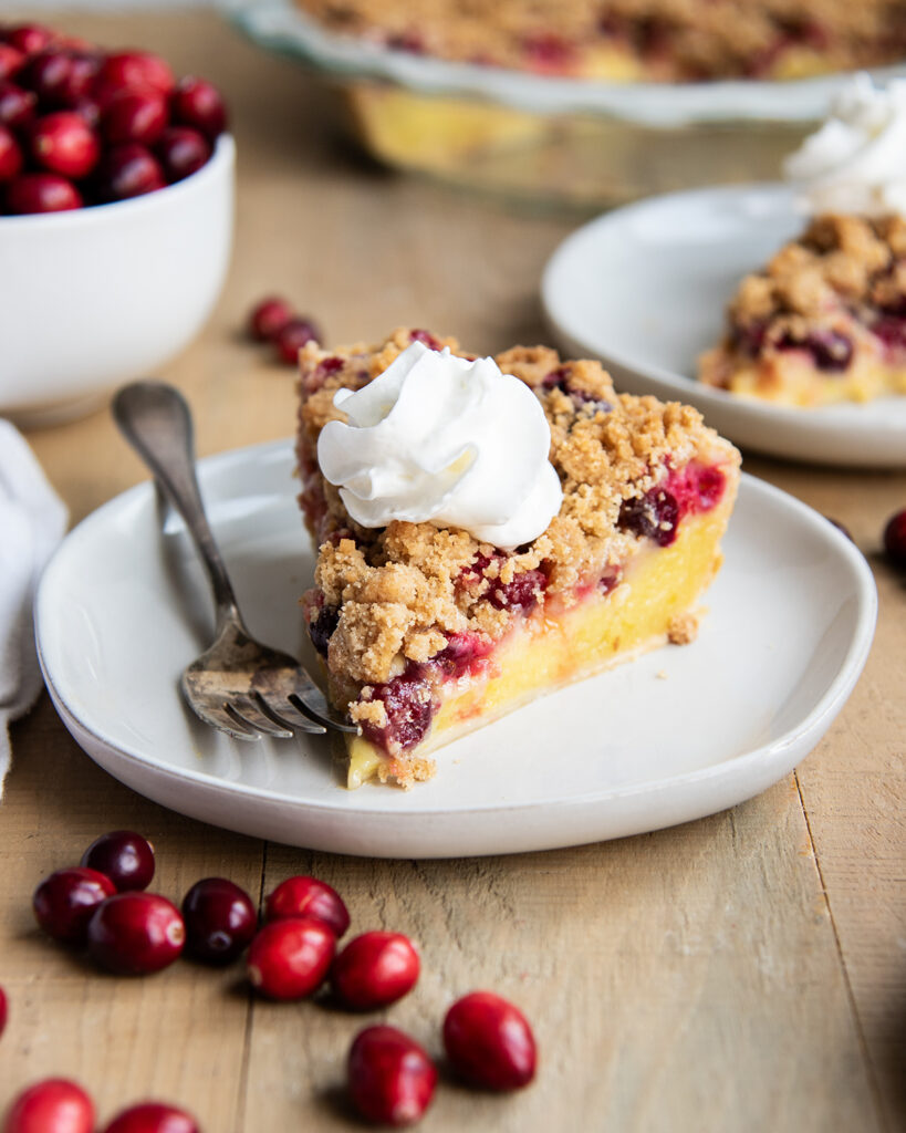 A slice of cranberry custard pie, with a crumb topping and whipped cream on top, on a white plate with a fork. 