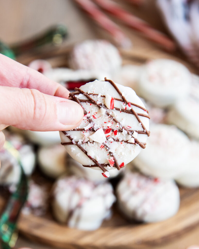 A hand holding a peppermint bark dipped Oreo covered in white chocolate and candy cane pieces.