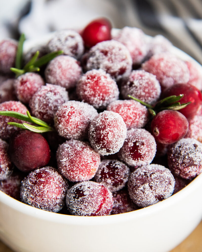 A bowl of sugared cranberries.
