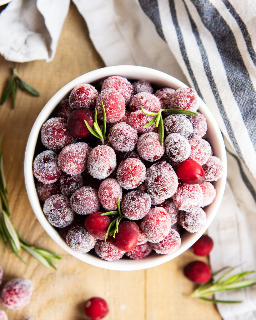 A bowl of sugared cranberries.