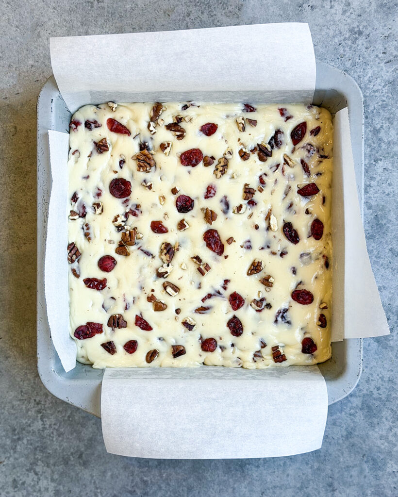 A pan of white chocolate cranberry fudge from above.