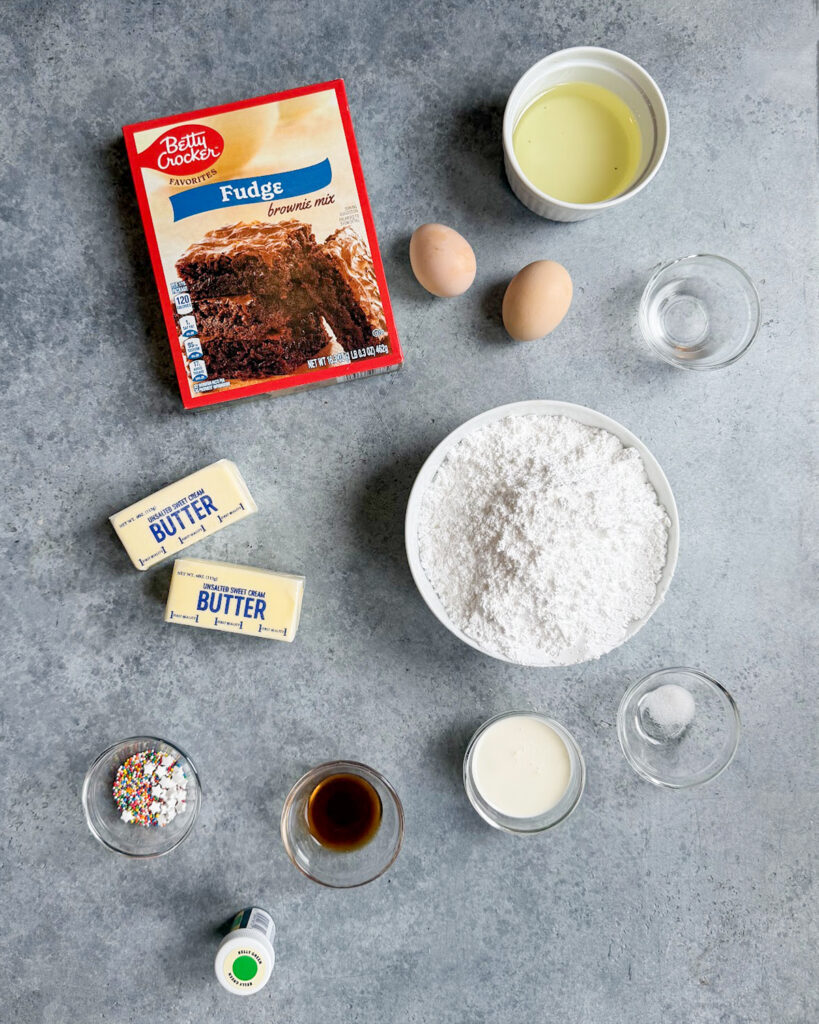 The ingredients needed to make Christmas Tree Brownie Bites.