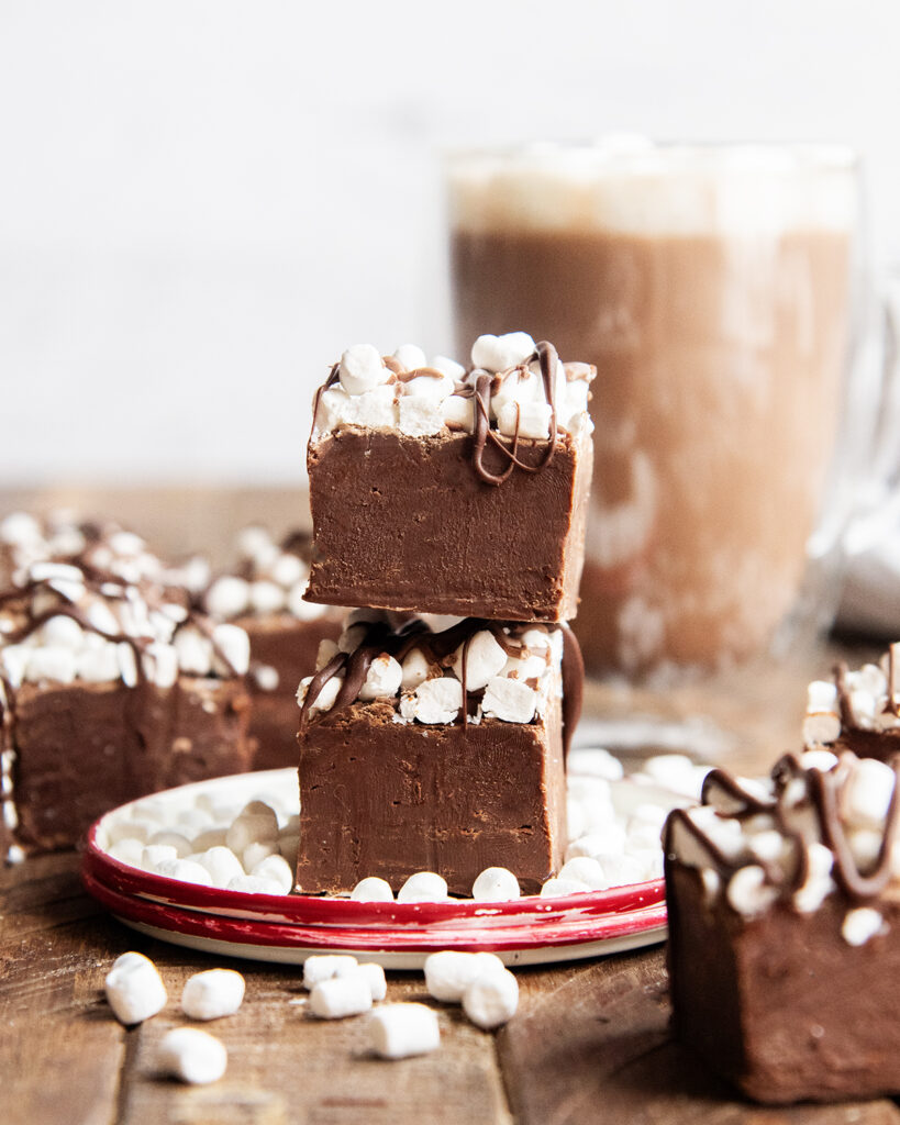 A stack of two pieces of hot chocolate fudge on a plate.