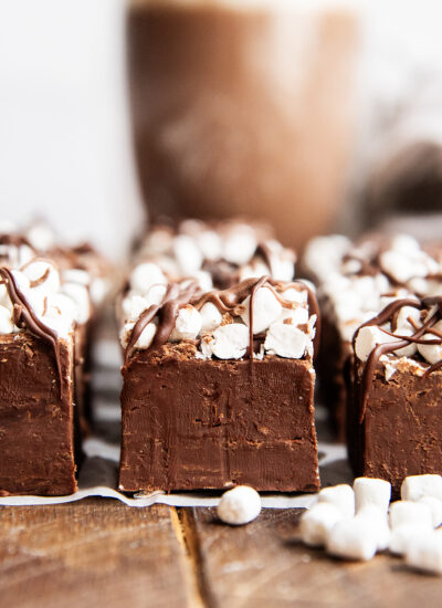 Rows of hot chocolate fudge pieces, each piece of chocolate fudge is topped with dehydrated marshmallows and a drizzle of chocolate.