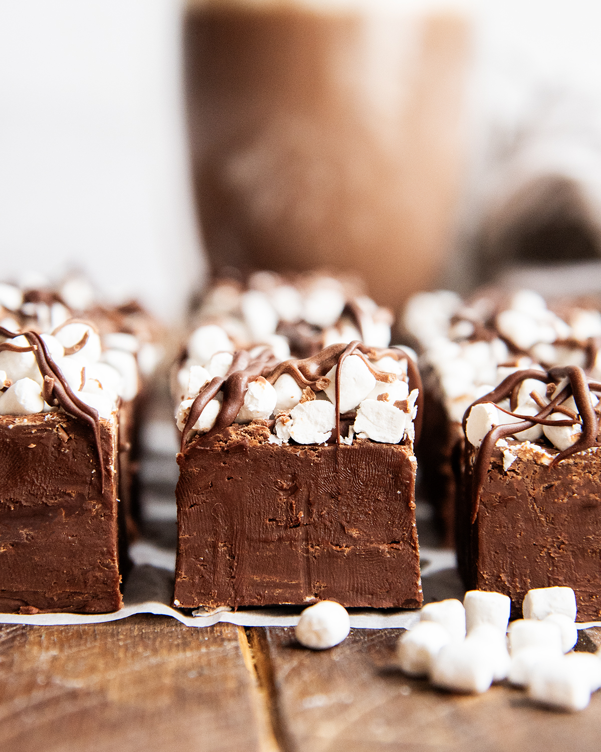 Rows of hot chocolate fudge pieces, each piece of chocolate fudge is topped with dehydrated marshmallows and a drizzle of chocolate.