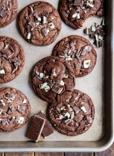 An above view of chocolate mint cookies on a cookie sheet.