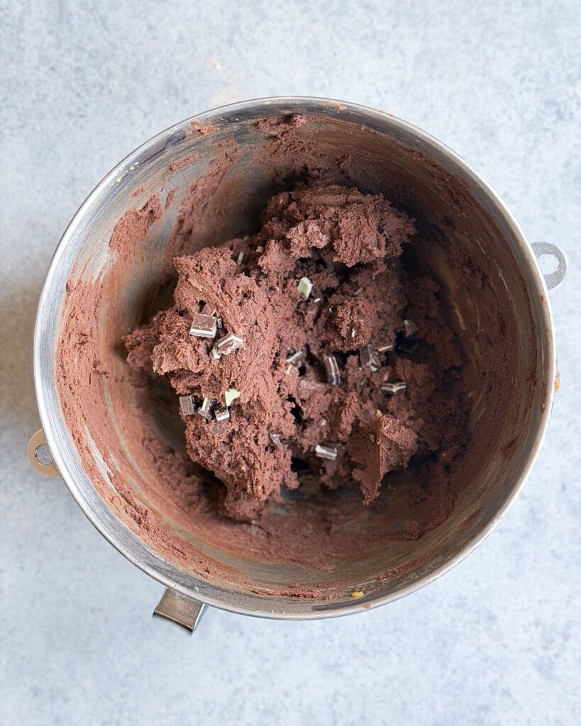 Chocolate mint cookie bowl in a stand mixer bowl.