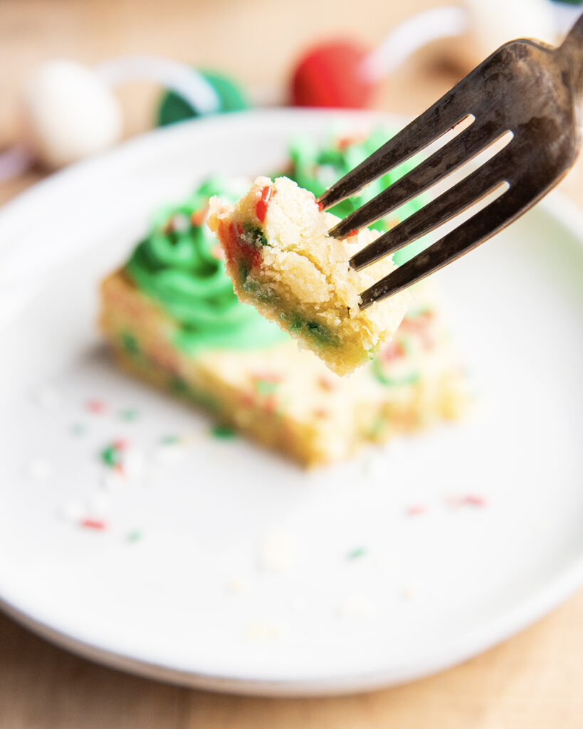 A forkful of a sugar cookie cake.