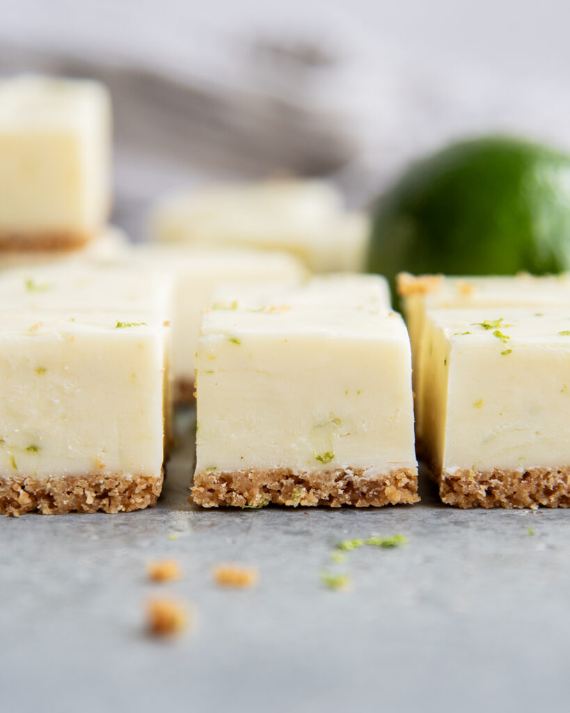 Rows of key lime pie fudge on a counter.