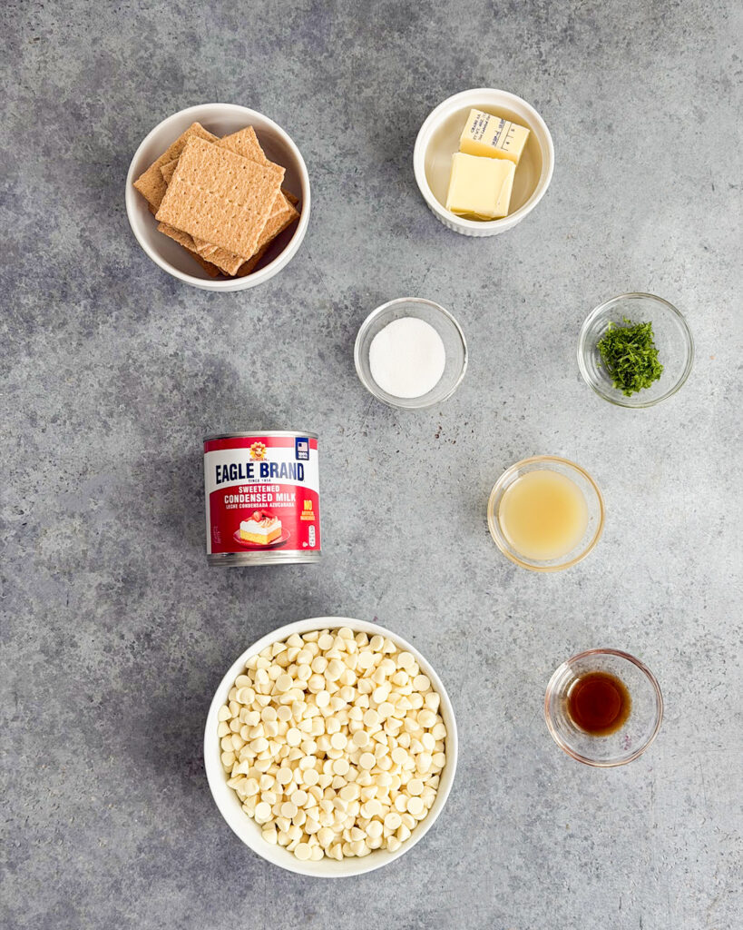 The ingredients needed to make key lime pie fudge. 