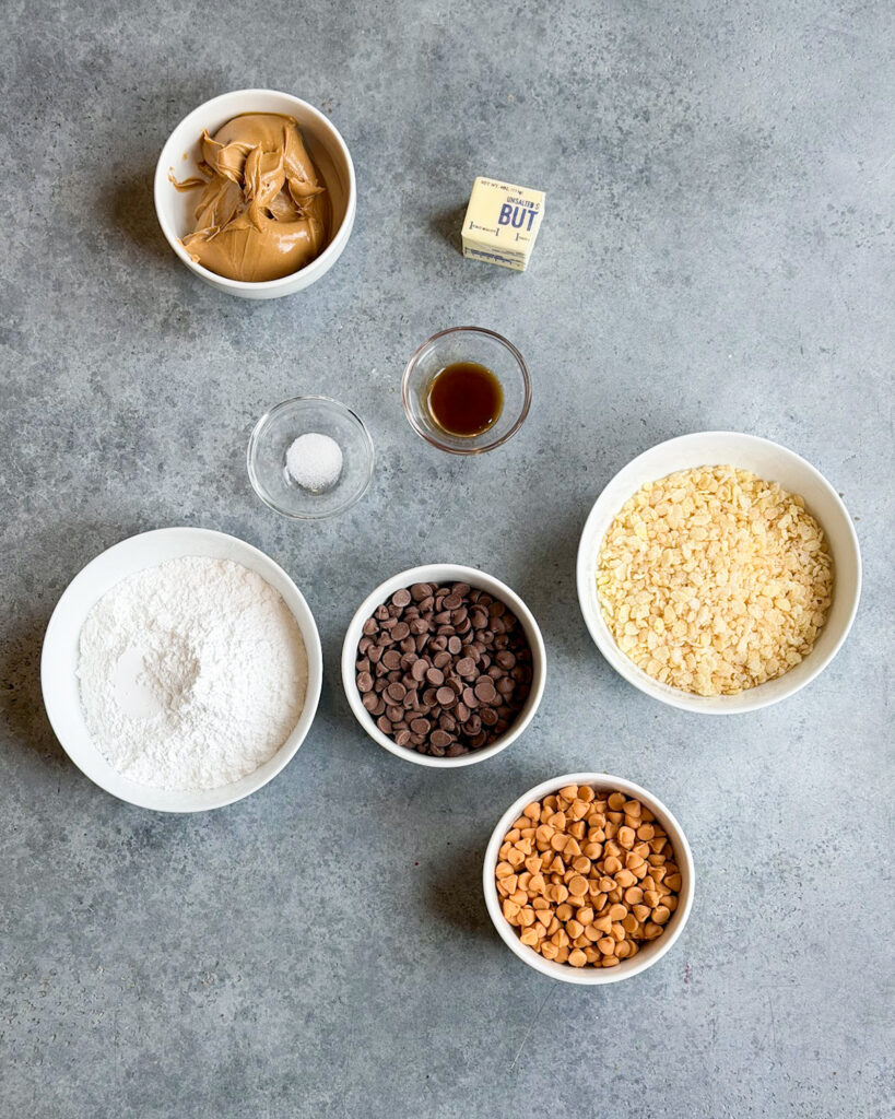 Small bowls of the ingredients needed to make scotcheroo balls. 