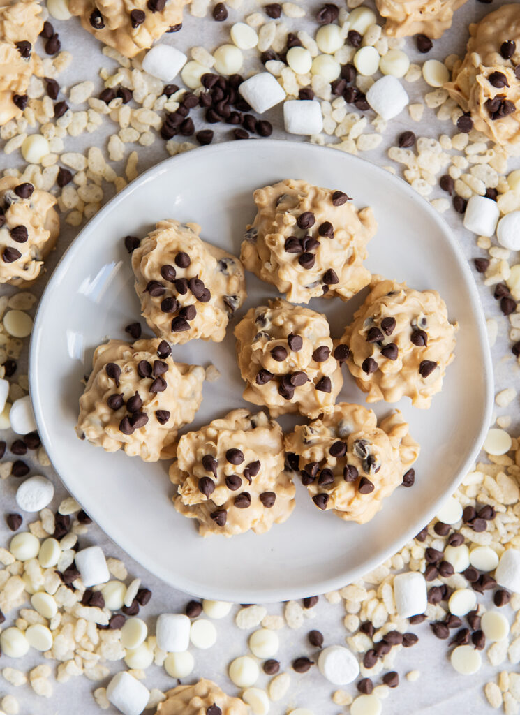 An above view of peanut butter avalanche cookies topped with mini chocolate chips, on a white plate.