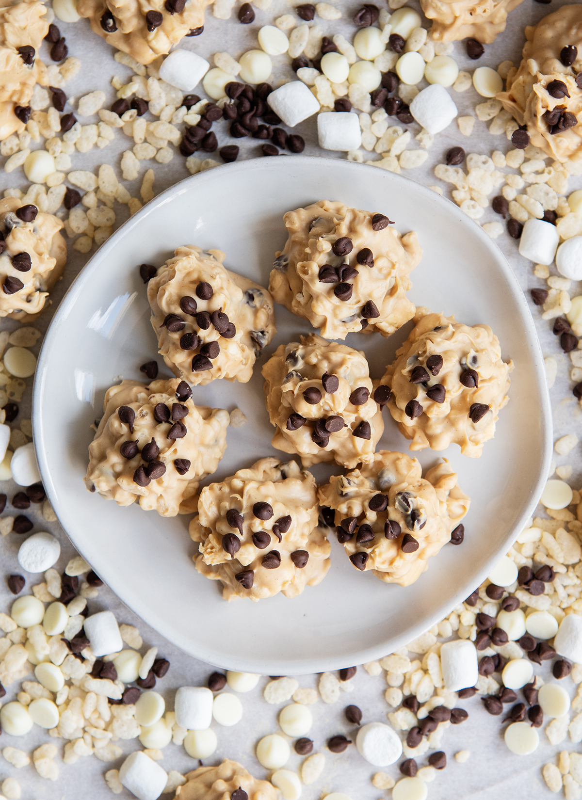 An above view of peanut butter avalanche cookies topped with mini chocolate chips, on a white plate.
