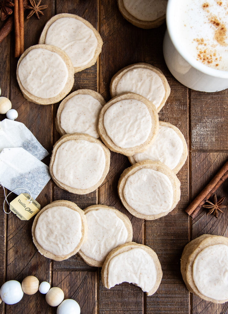 An above view of vanilla chai shortbread cookies on a wooden table.