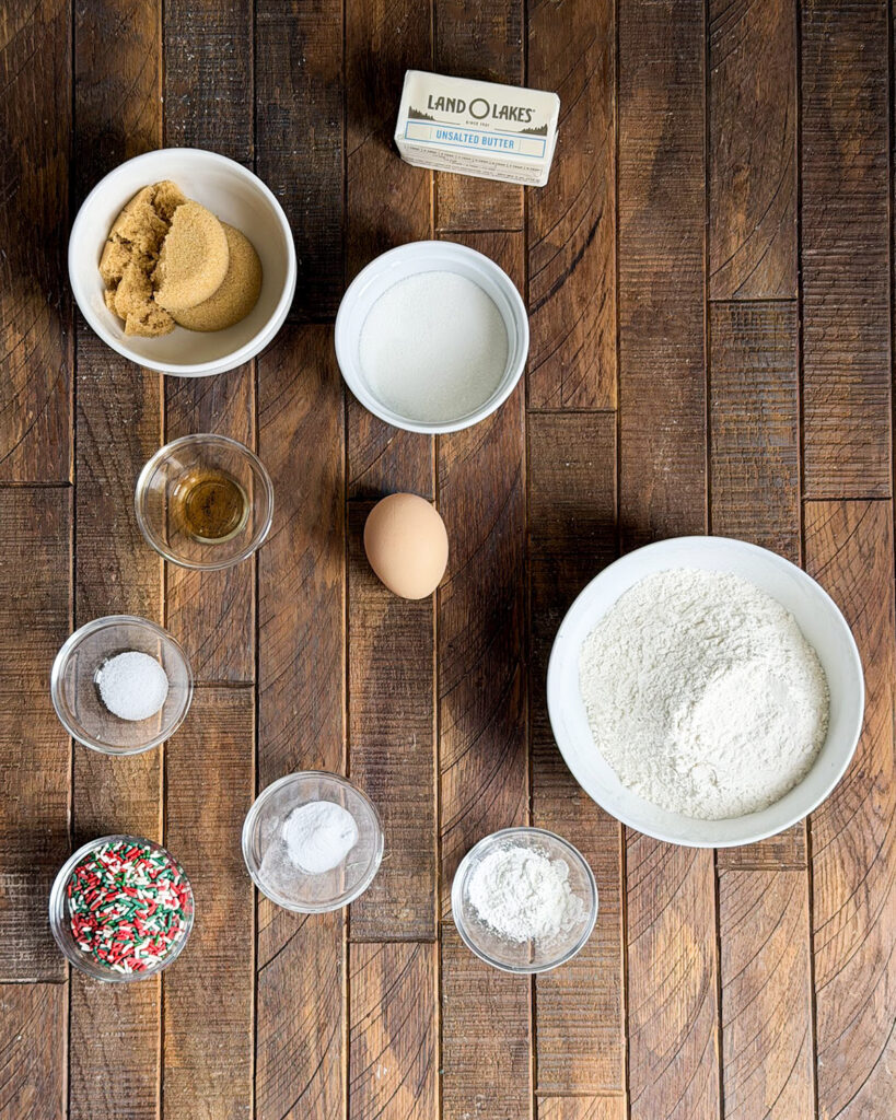 The ingredients needed to make Christmas Sugar Cookies. 