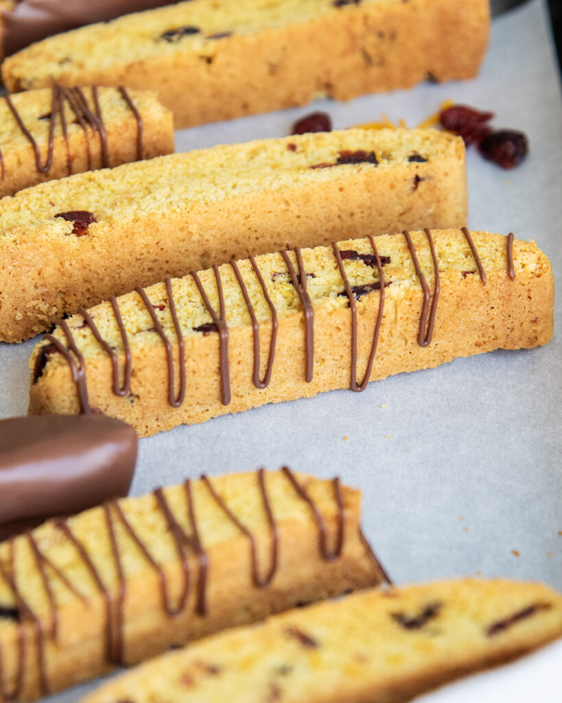 A close up of cranberry orange biscotti, some are dipped half way in chocolate, and some are drizzled with chocolate.