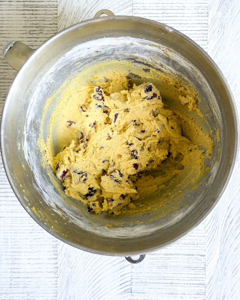 Cranberry orange biscotti cookie dough in a metal baking pan.