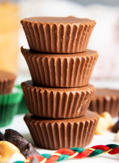 A stack of four chocolate candy cups.