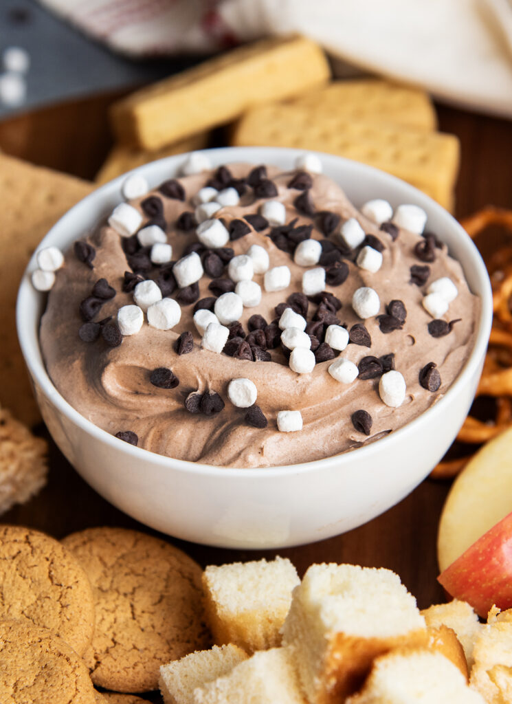 A close up of a bowl of chocolate fruit dip topped with mini chocolate chips.