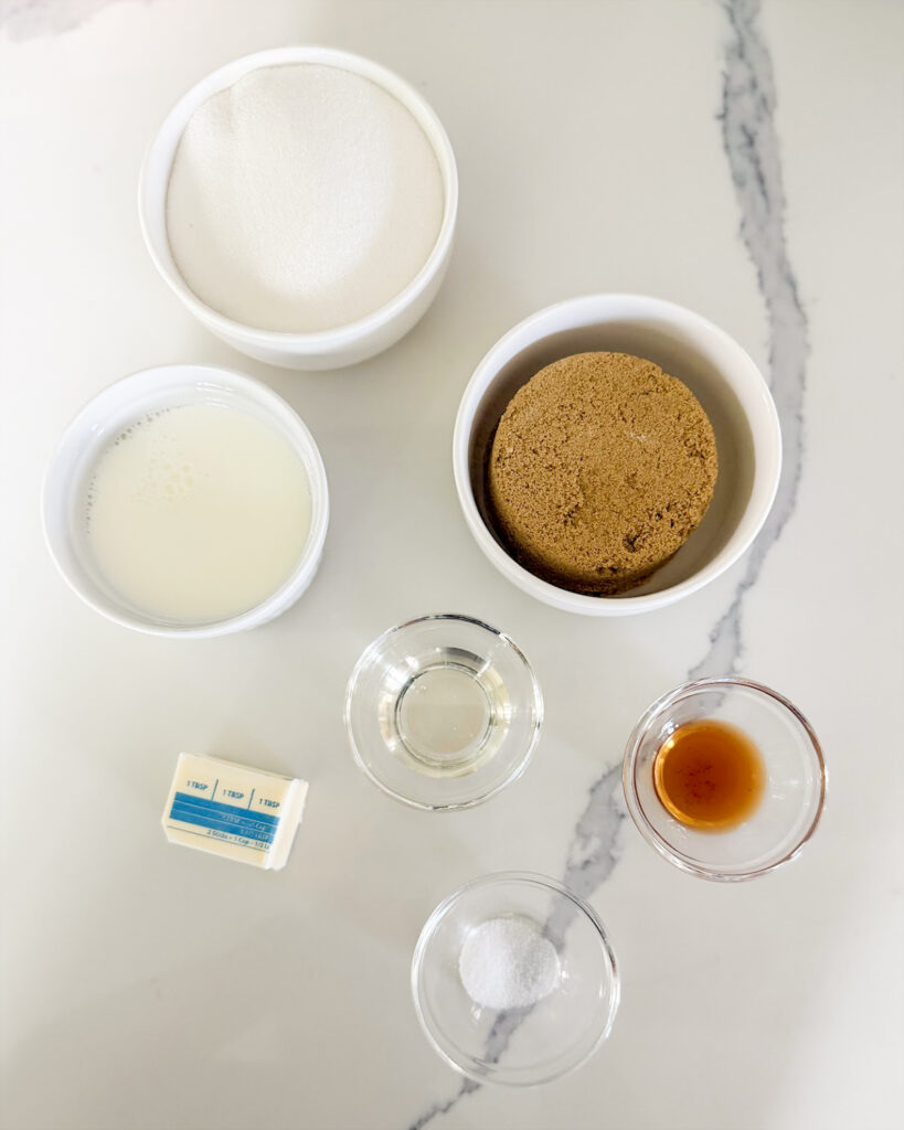 The ingredients needed to make Penuche fudge. 
