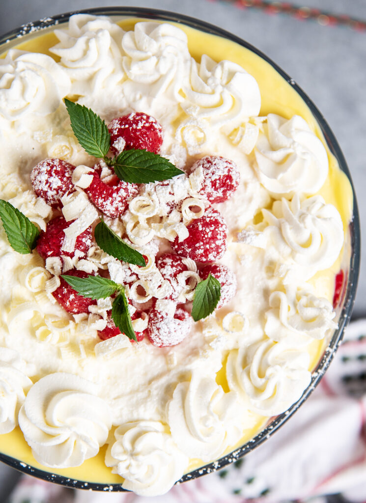An above view of a trifle topped with whipped cream, and fresh raspberries and mint leaves.