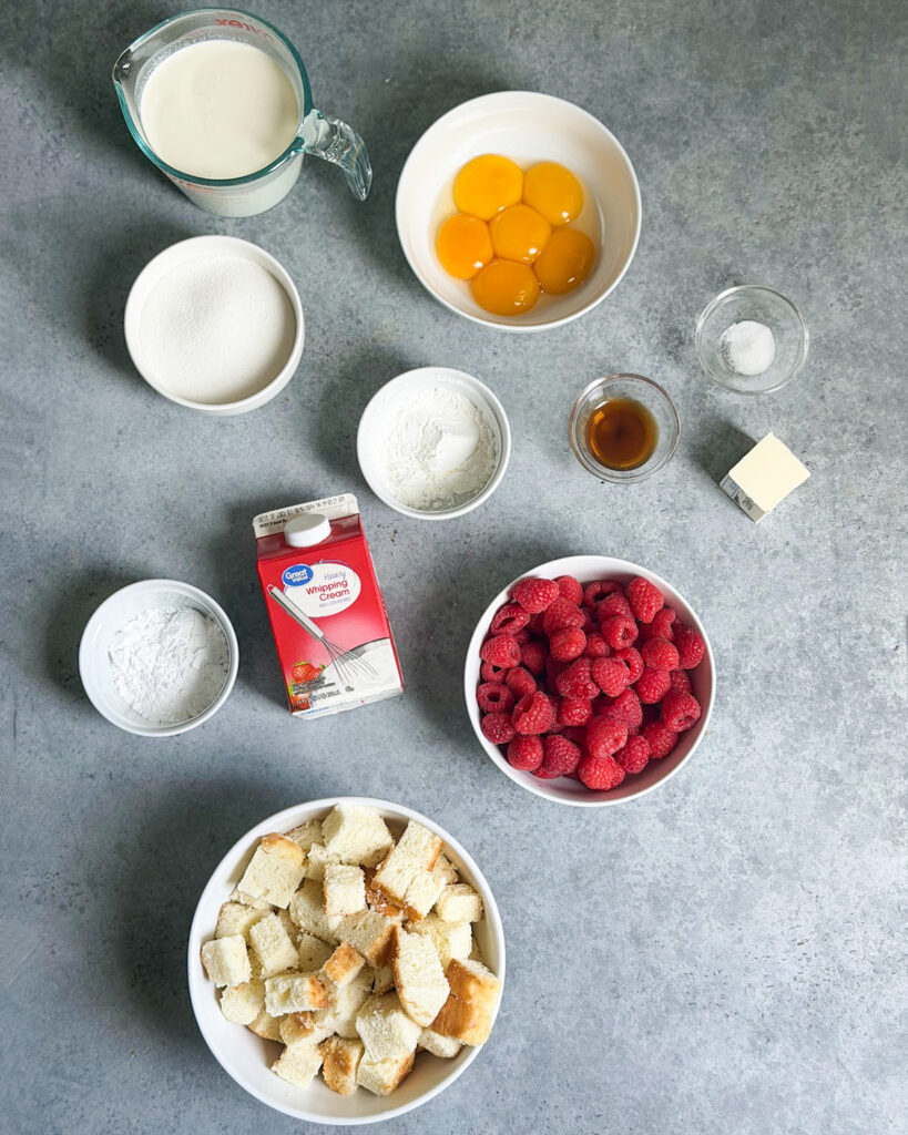 Small bowls of the ingredients needed to make Christmas Trifle.