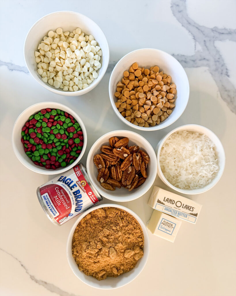 The ingredients needed to make Christmas magic cookie bars. 