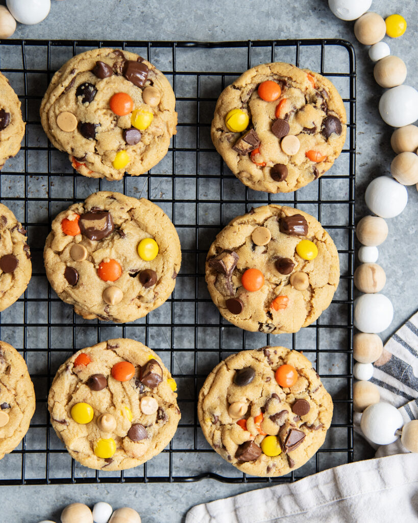 An above view of rows of peanut butter cookies on a cookie cooling rack.