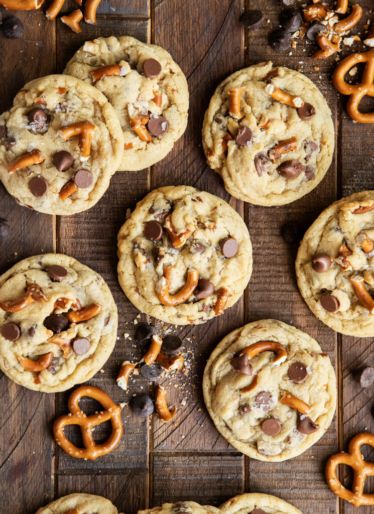 An above view of pretzel chocolate chip cookies loaded with both pretzels and chocolate chip cookies.